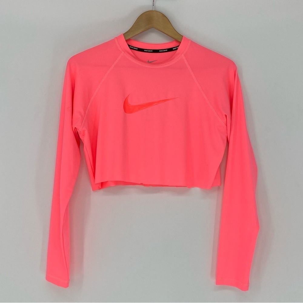 Nike Swim Neon Pink LS Cropped Cutoff Dri Fit Tee Sz Large - Picture 8 of 10